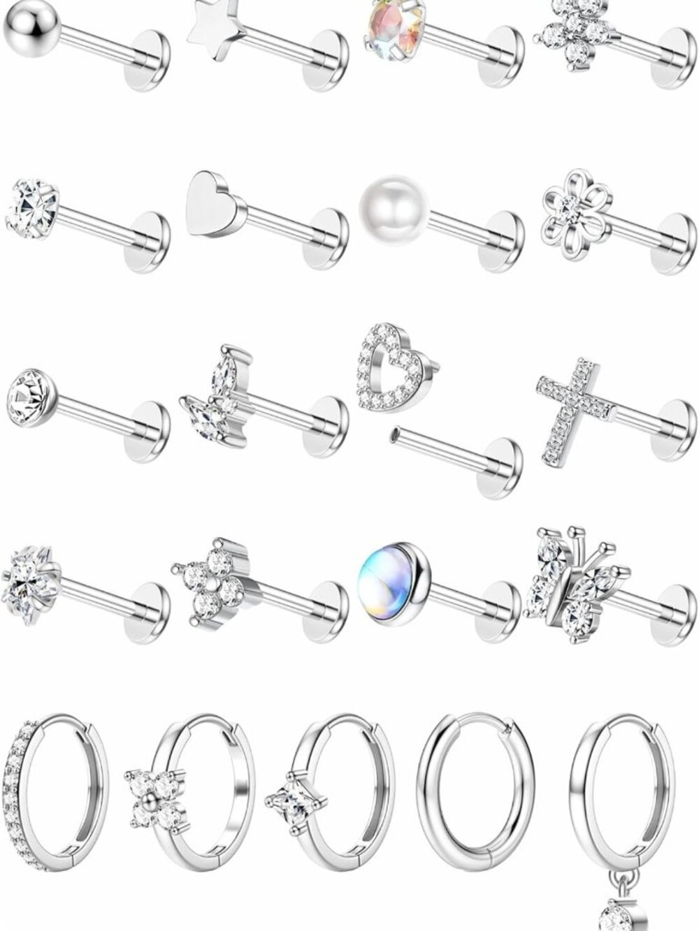 16G Stainless Steel Cartilage & Tragus Earrings Set - 21/19/10 Pcs Jewelry